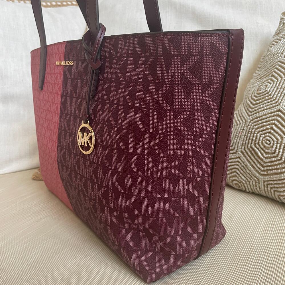 Michael Kors Jet Set Medium Tote | Colorblock MK Logo Pink Burgundy - Picture 13 of 14
